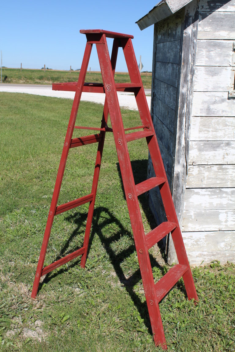 64" Antique Rusty Red Vintage Wood Step Ladder Display
