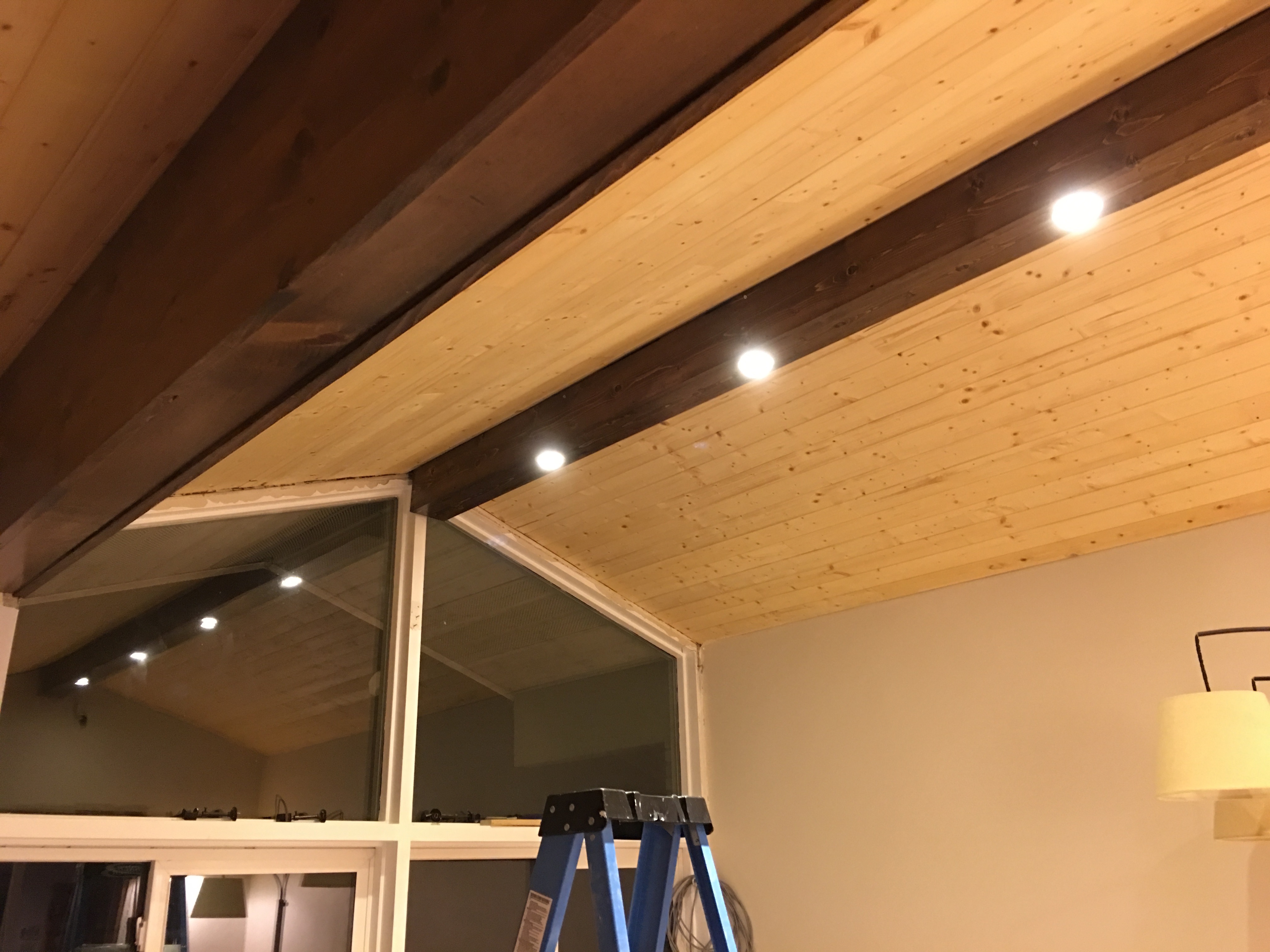 Pine Faux Beam with Recessed Lighting | dave eddy