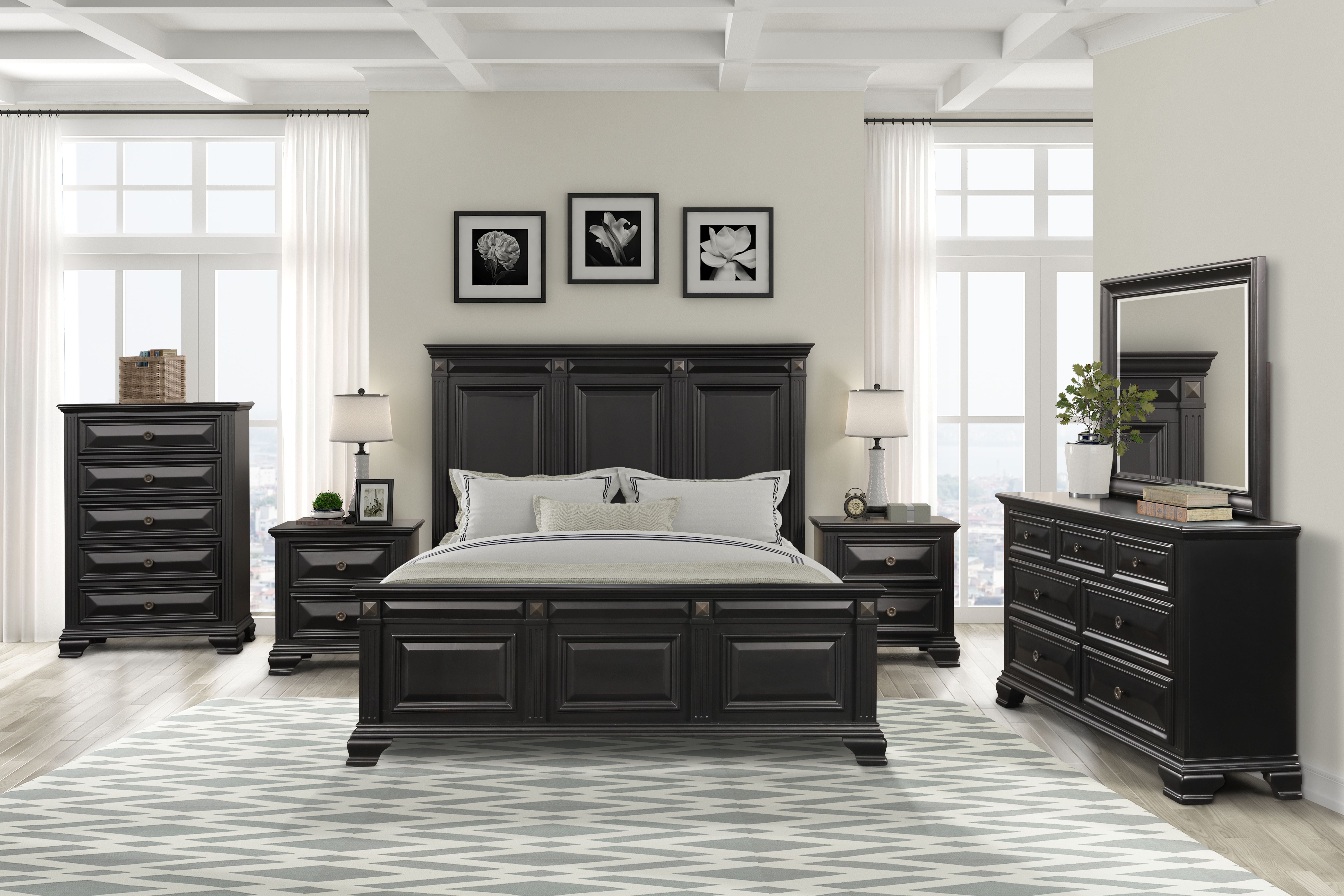 Renova Vintage Black Wood Bedroom Set, Queen Panel Bed, Dresser, Mirror