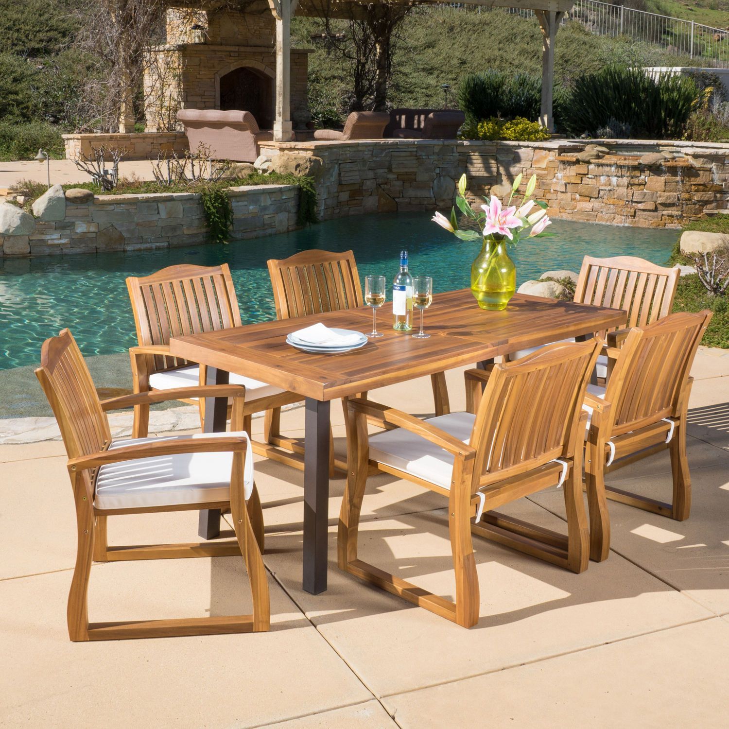 Teak Finish Acacia Wood 7-Piece Dining Set