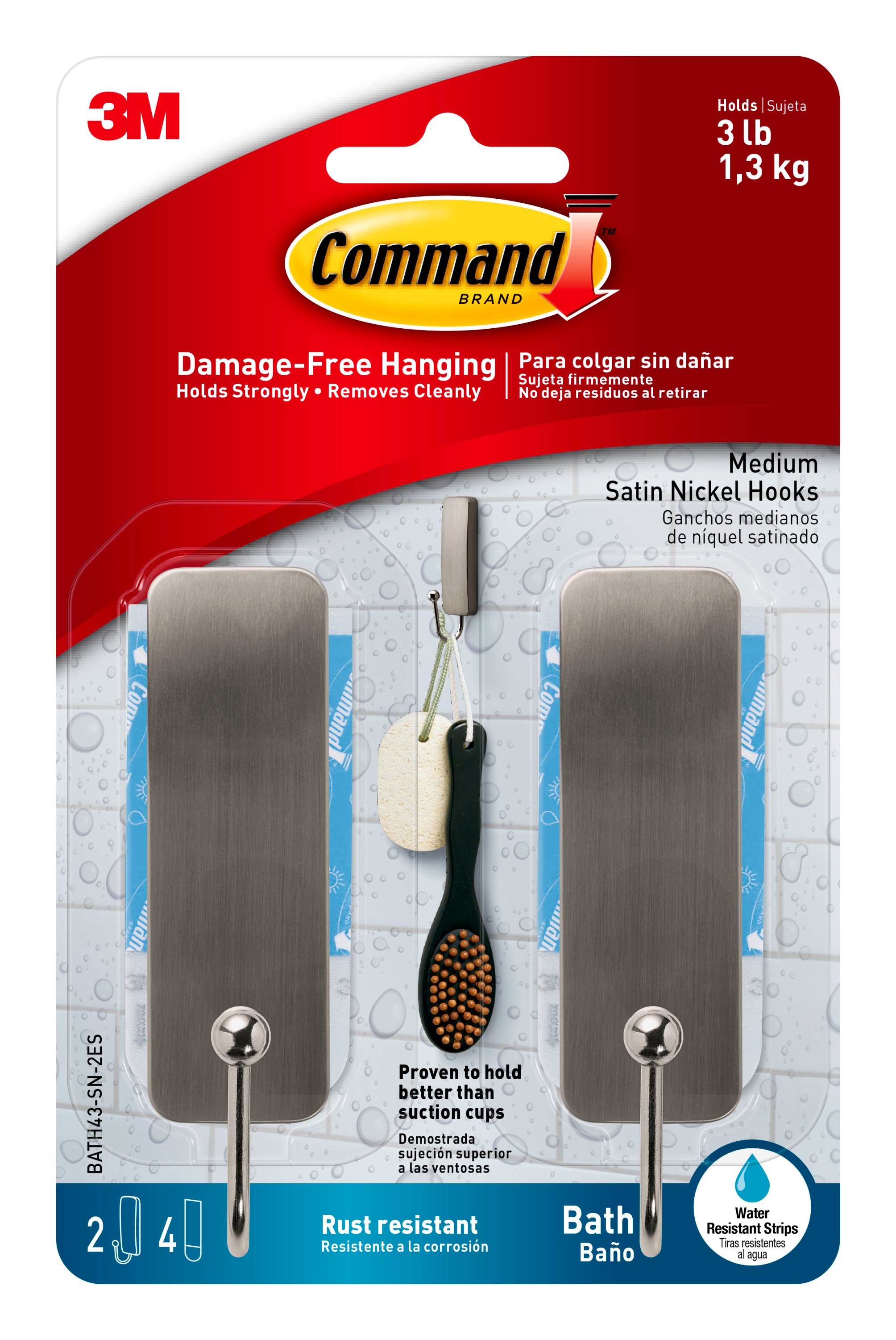 Command Bath Medium Hooks, Satin Nickel, 2 Hooks, 4 Strips - Walmart