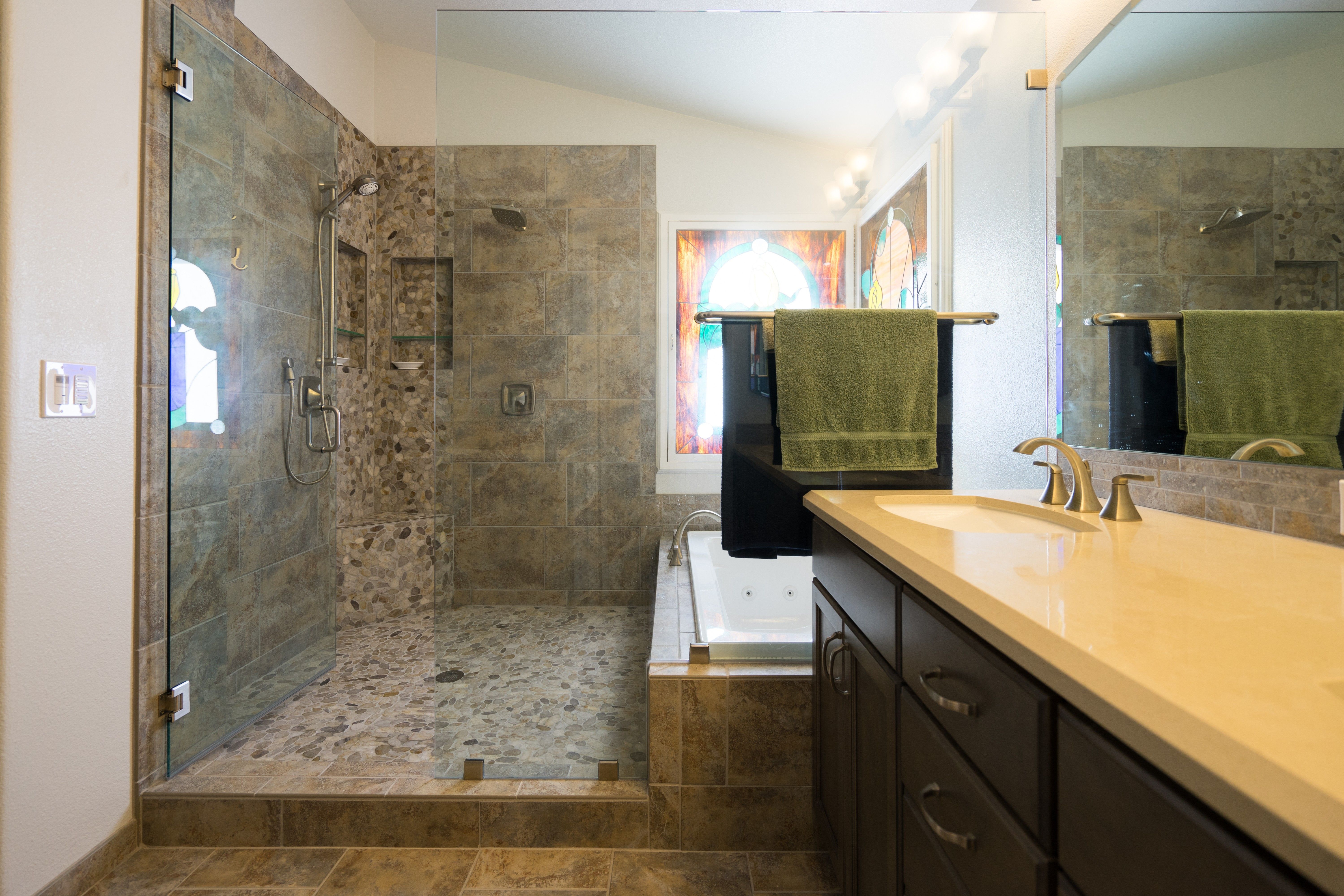 This earth toned bathroom is unique and pretty. | Bathroom remodel