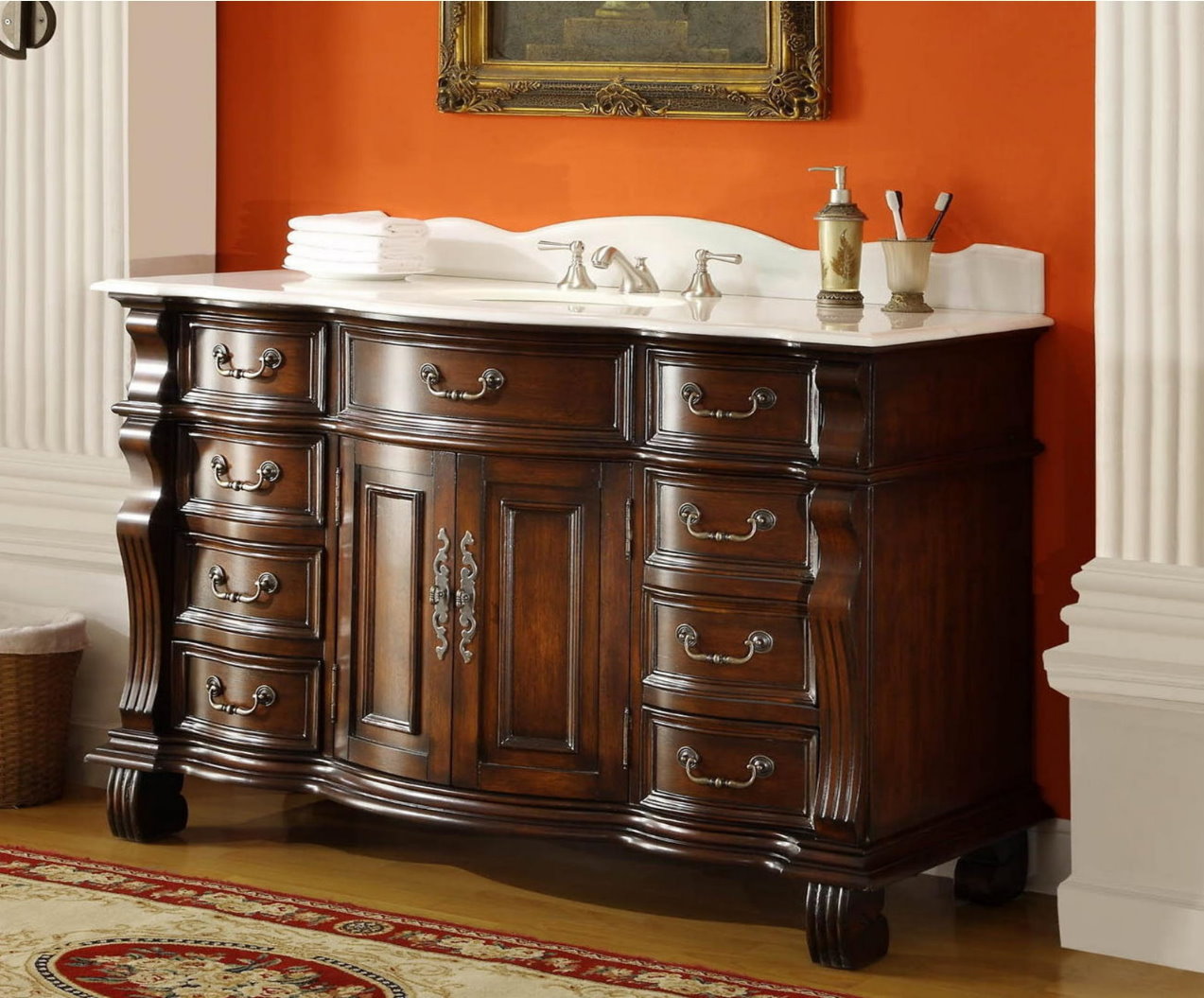 60 inch Single Sink Bathroom Vanity 8 Drawers Medium Brown Color (60