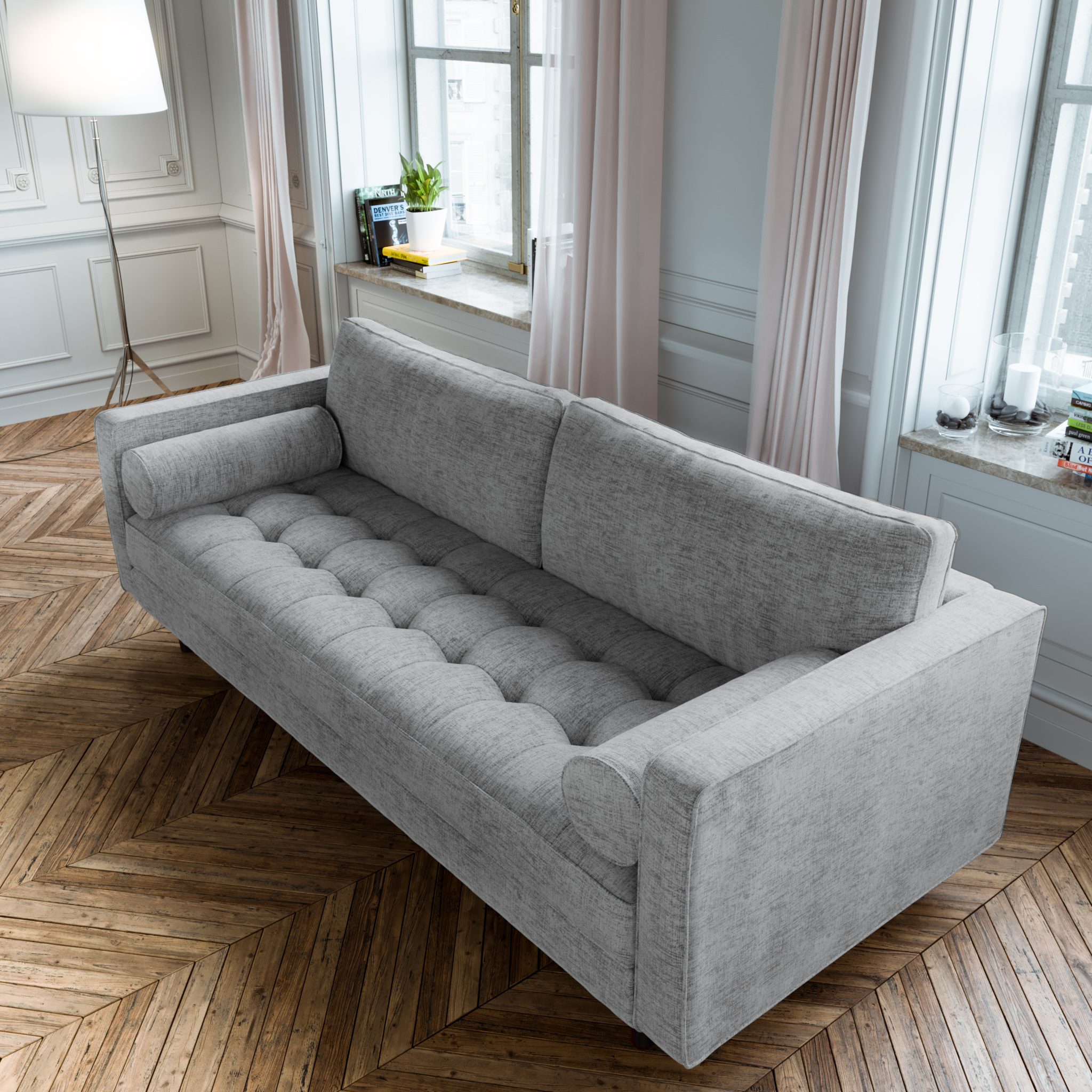 Scandormi Modern Sofa: Grey mid-century tufted couch