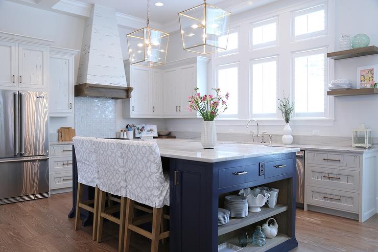 Navy Blue Kitchen Island with Open Shelves