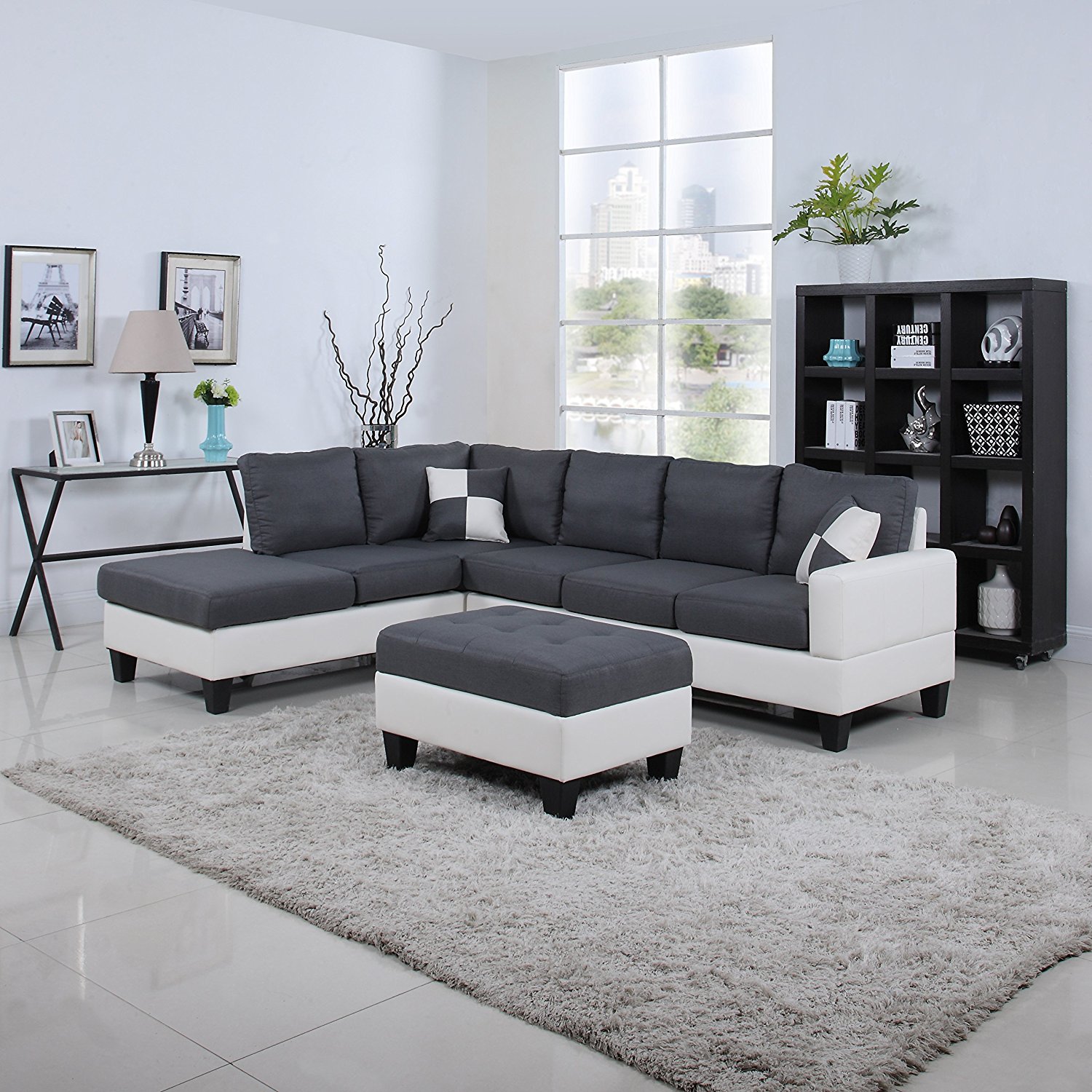 Black & White, 2 Tone Leather Living Room Sectional Sofa (White / Dark