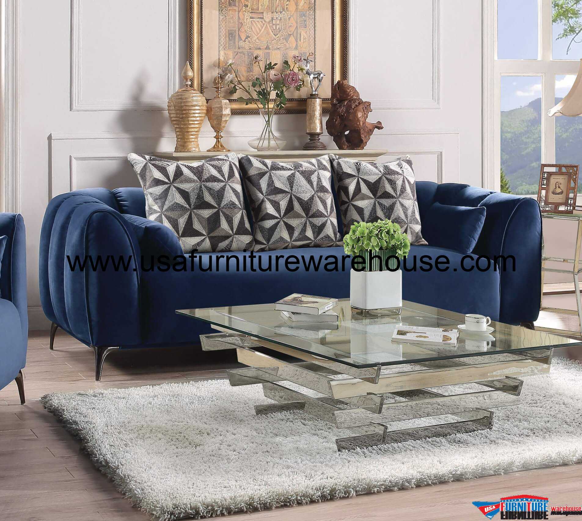 Hellebore Modern Blue Velvet Sofa - USA Furniture Warehouse