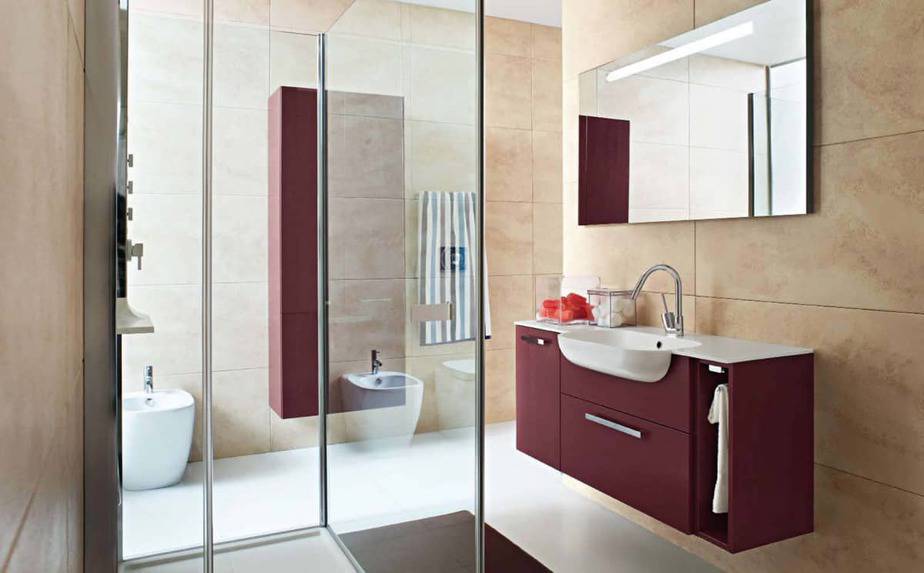 Burgundy Bathroom with Gold Accents