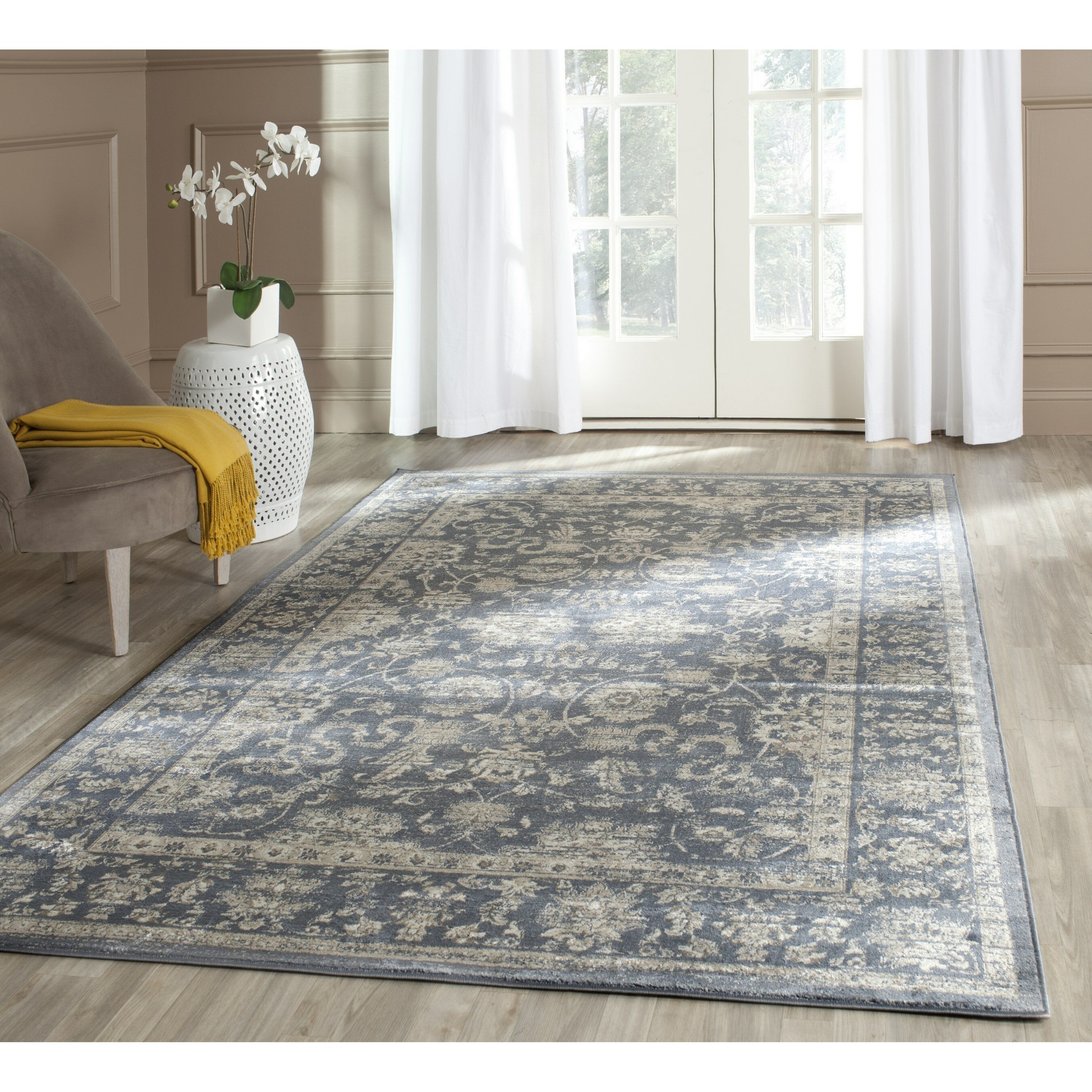 Vintage Dark Blue & Cream Area Rug | Wayfair