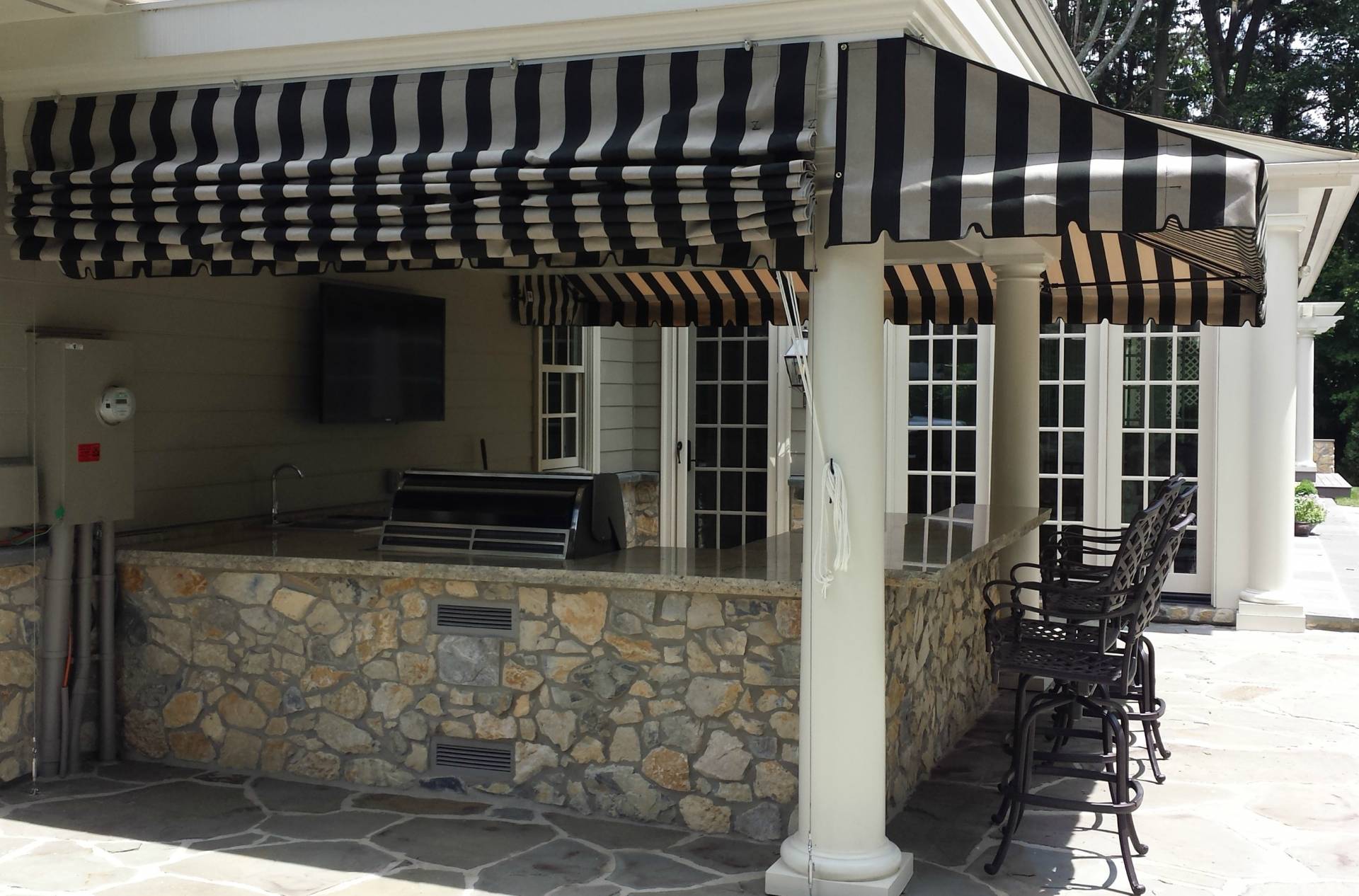 Striped Porch Awning with a Pleated Drop Curtain | Kreider's Canvas