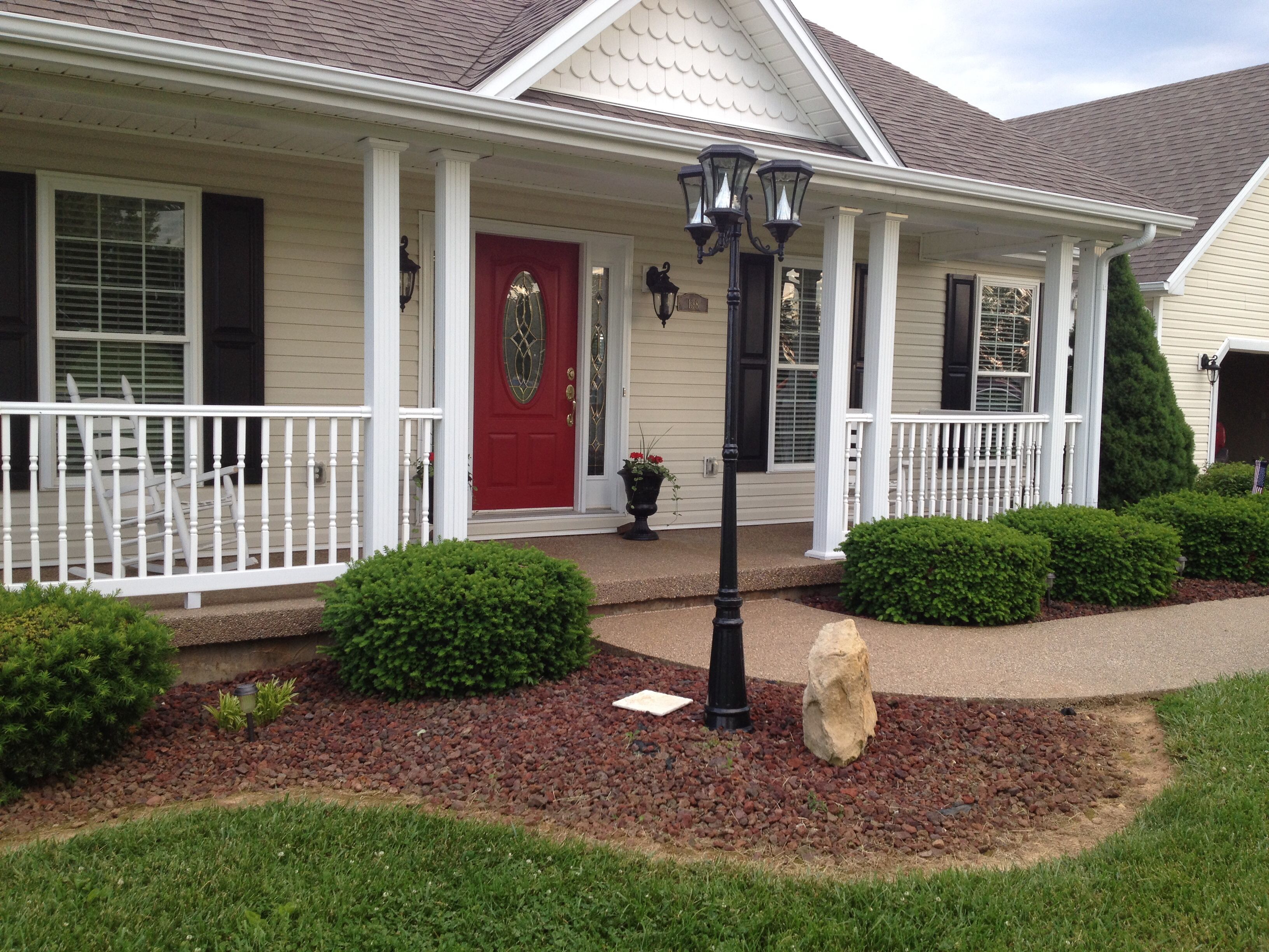 Red door black shutters | House front, Outdoor decor, Black shutters