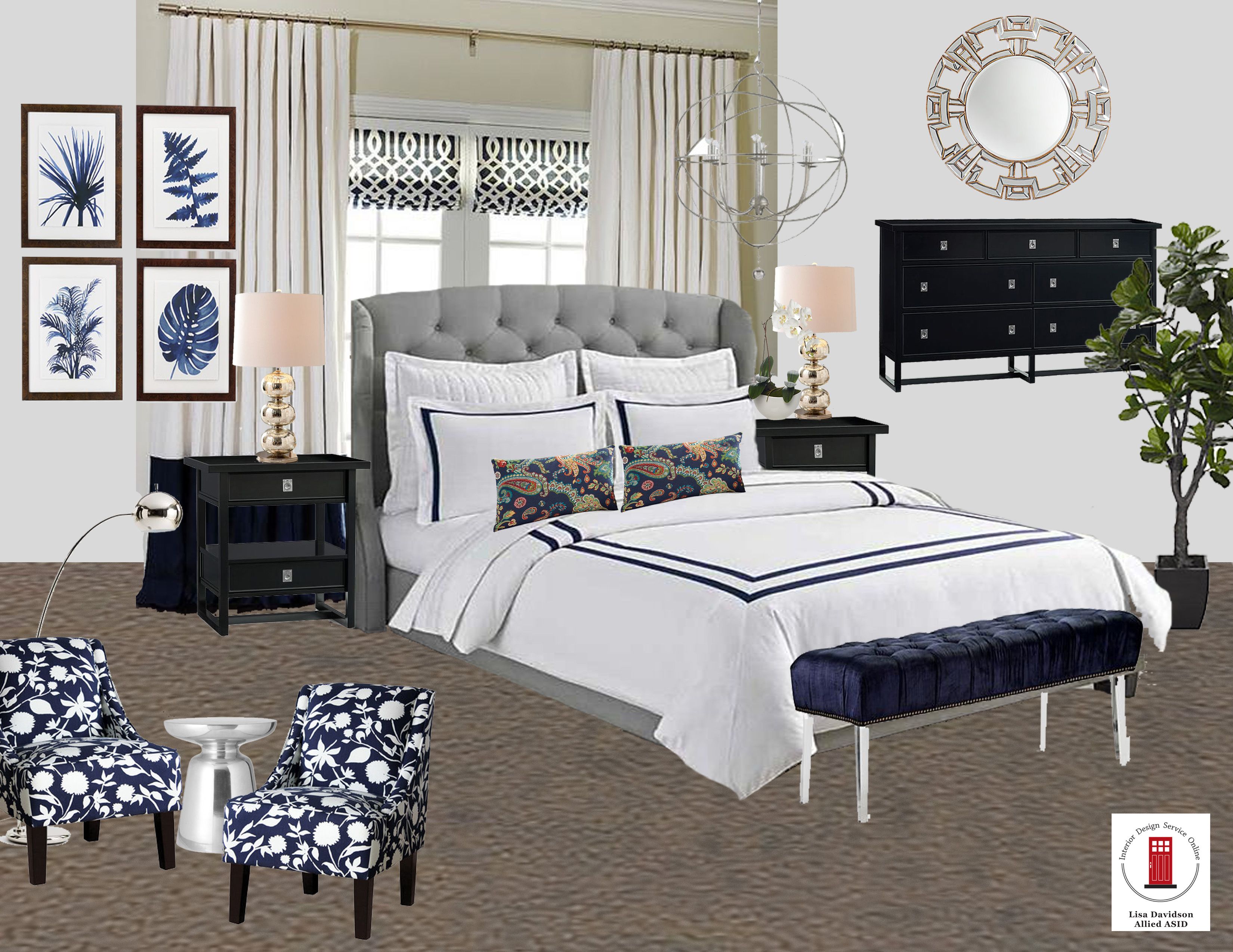 Navy, White and Gray Transitional Master Bedroom Room by Interior