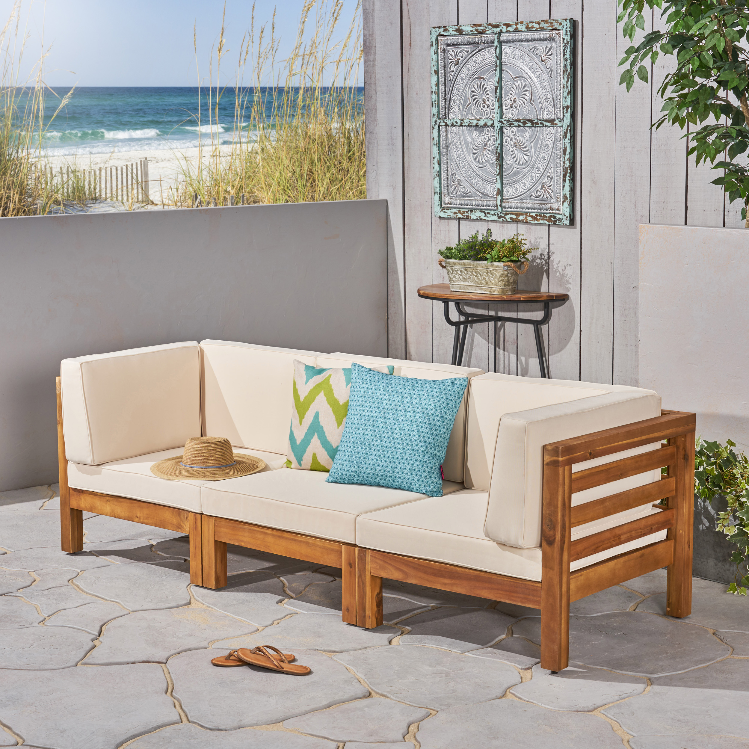 Frankie Outdoor Acacia Wood Sectional Sofa with Cushions, Teak, Beige