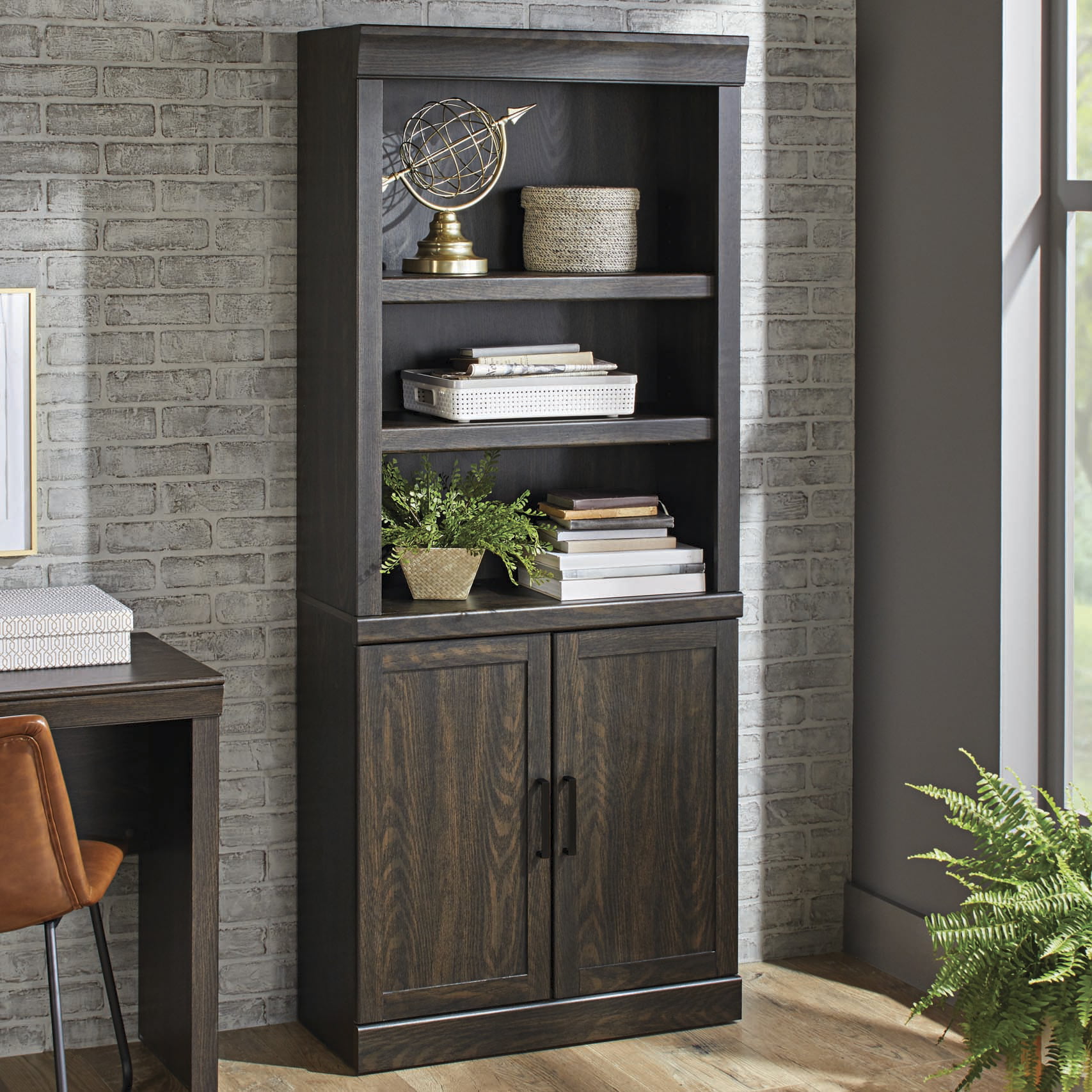 Better Homes & Gardens Glendale 5 Shelf Bookcase with Doors, Dark Oak